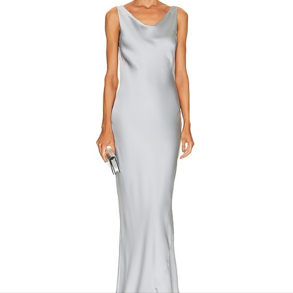 Norma Kamali Maria Gown Maxi Length Sleeveless Cowl Neck Back Silver Size 8